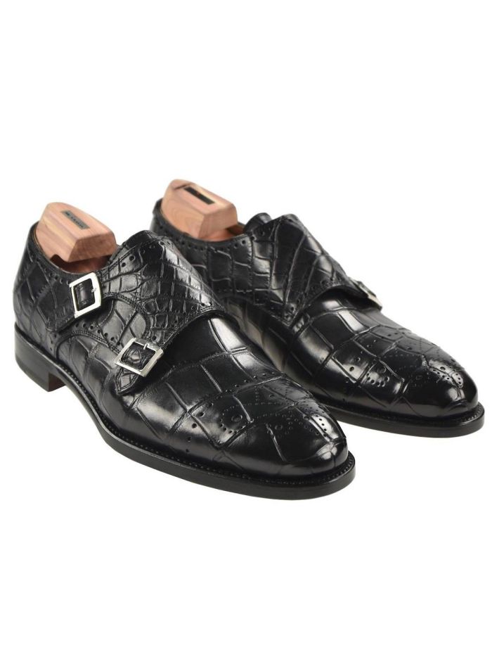 Kiton Black Leather Crocodile Dress Shoes