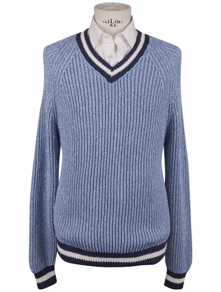 Kiton Kiton Light Blue Cotton Linen Sweater V-Neck Light Blue 000