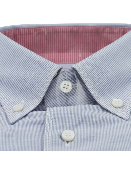 Zilli Zilli Blue White Linen Cotton Shirt Short Sleeve Button Down Mod Frank Blue/White 001