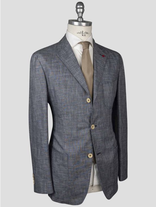 Isaia Isaia Blue Linen Wool Silk Blazer Blue 001