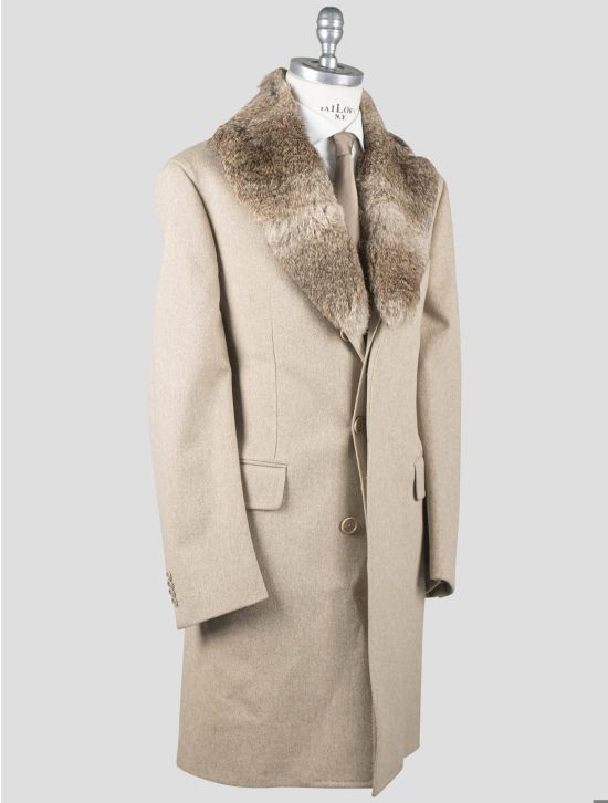 Isaia Isaia Beige Virgin Wool with Lapin Collar Overcoat Beige 001