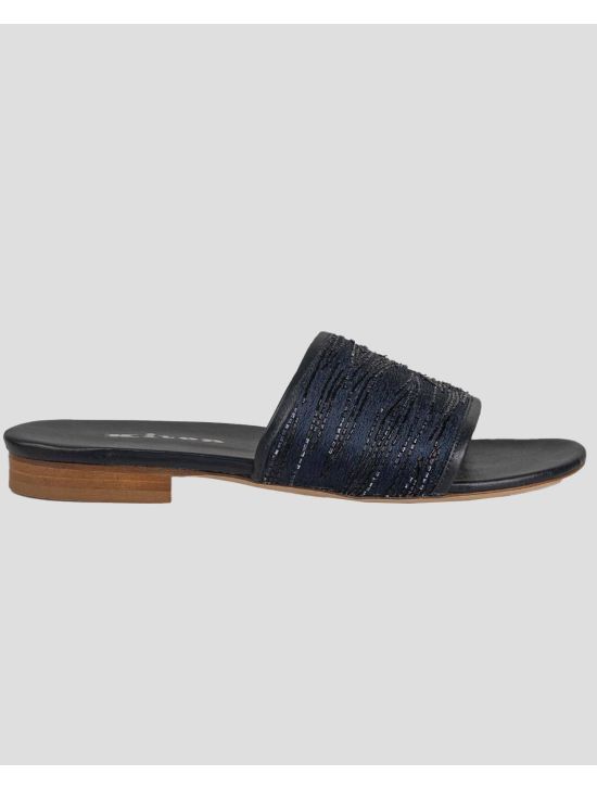 Kiton Blue Viscose Linen Slippers