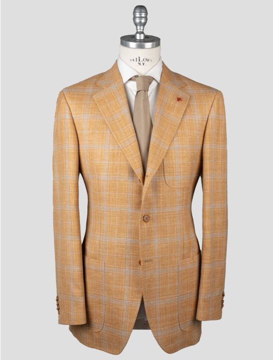 Isaia Isaia Orange Light Blue Wool Linen Silk Blazer Orange / Light Blue 000