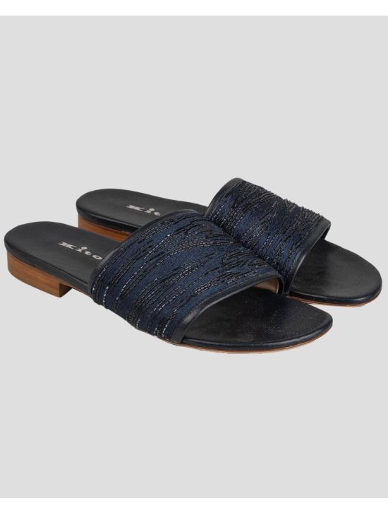 Kiton Blue Viscose Linen Slippers