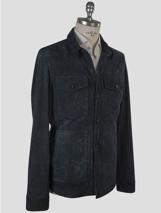 Isaia Isaia Blue Leather Suede Coat Blue 001