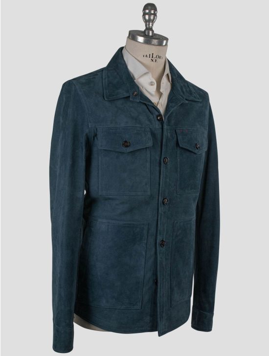 Isaia Isaia Blue Leather Suede Coat Blue 001