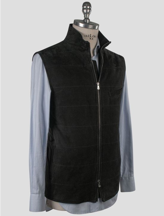 Isaia Isaia Blue Leather Suede Gilet Blue 001