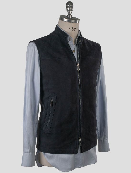 Isaia Isaia Blue Leather Suede Gilet Blue 001