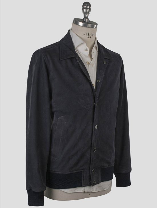 Isaia Isaia Blue Leather Suede Coat Blue 001