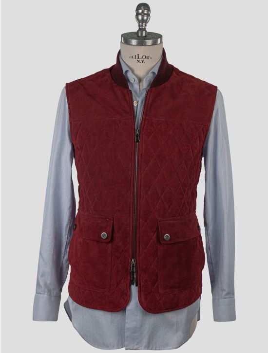 Isaia Isaia Burgundy Leather Suede Gilet Burgundy 000