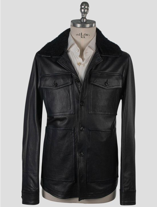 Isaia Isaia Black Leather Sheepskin Coat Black 000