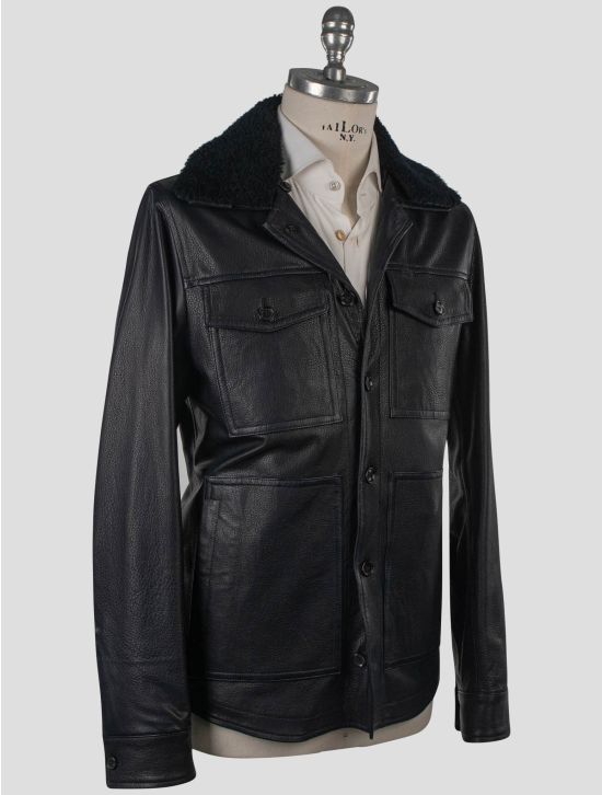 Isaia Isaia Black Leather Sheepskin Coat Black 001