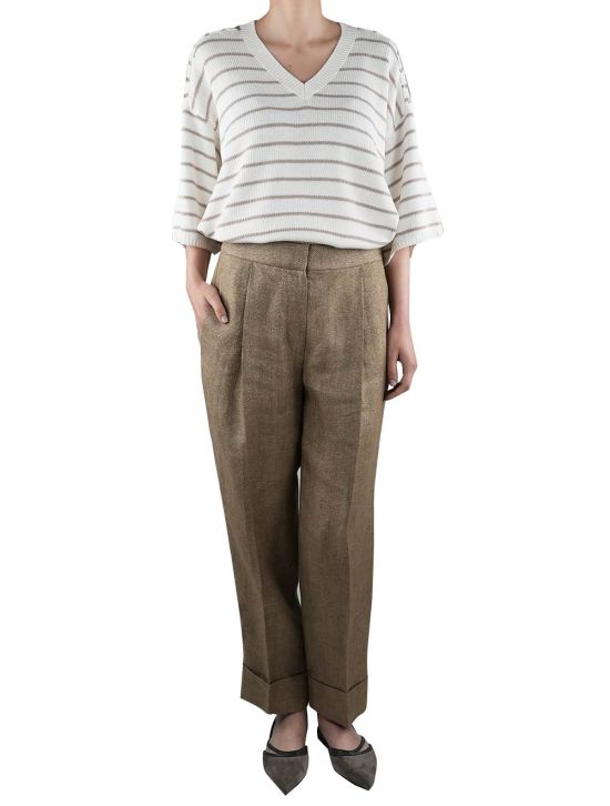 Brunello Cucinelli Brunello Cucinelli White Beige Cotton Sweater V-neck Woman White / Beige 000