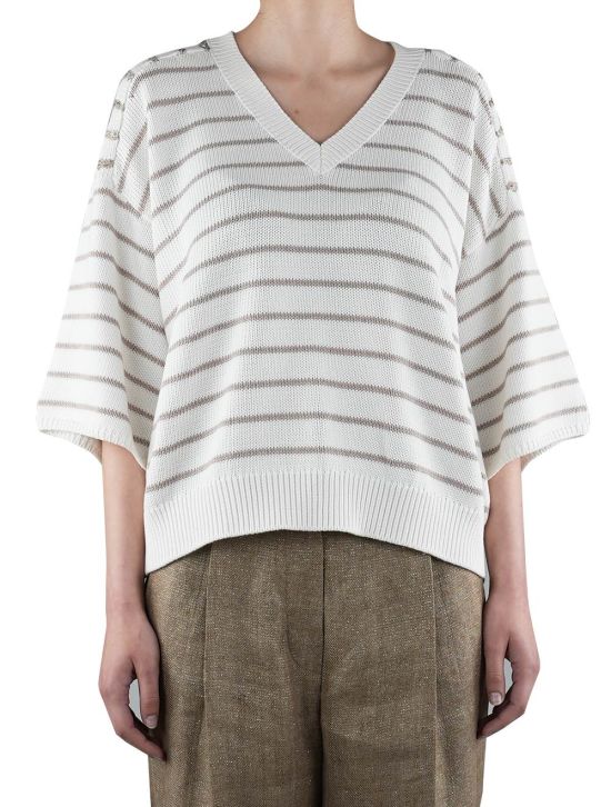 Brunello Cucinelli Brunello Cucinelli White Beige Cotton Sweater V-neck Woman White / Beige 001