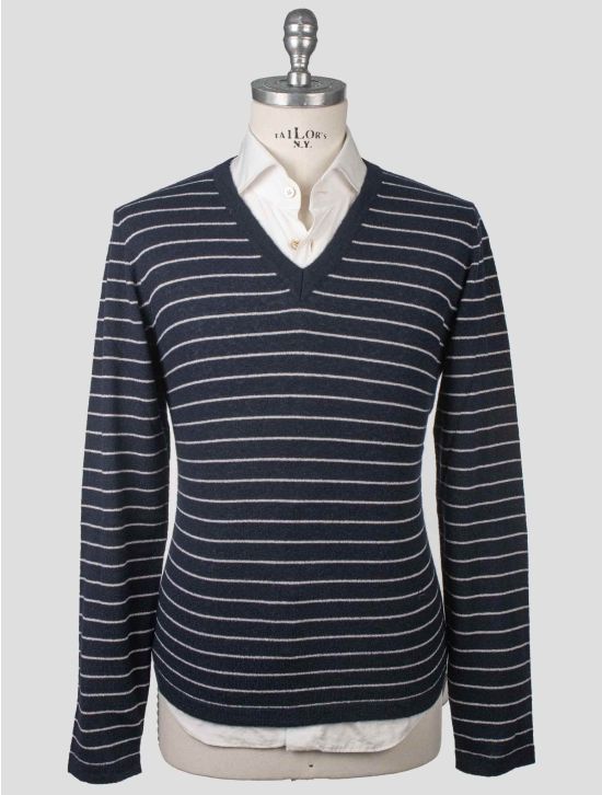 Isaia Isaia Blue White Cashmere Silk Sweater V-Neck Blue / White 000