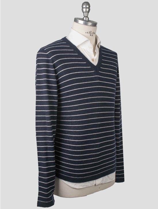 Isaia Isaia Blue White Cashmere Silk Sweater V-Neck Blue / White 001