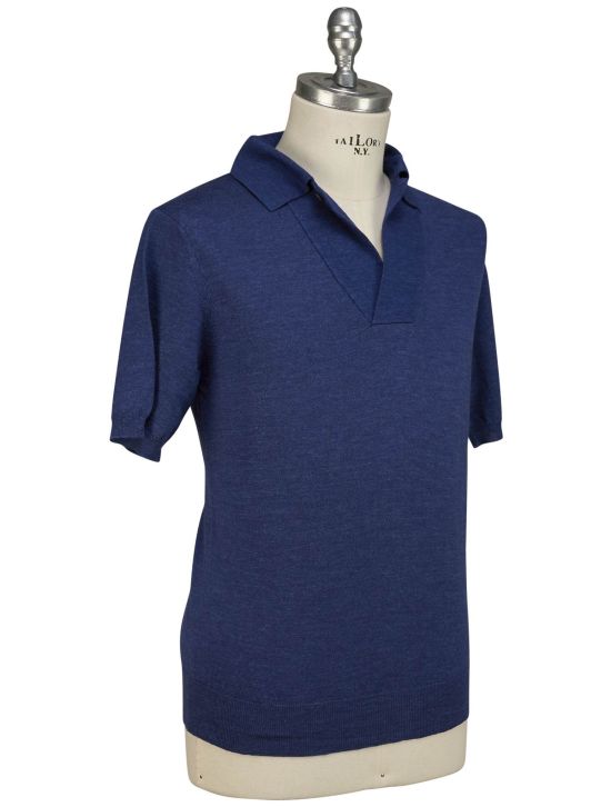 Isaia Isaia Blue Wool Silk Linen Polo Blue 001