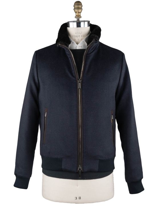 MooRER MooRER Blue  Wool Cashmere Goat Sheepskin Collar Coat Blue 000