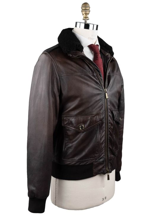 MooRER MooRER Brown Leather Goat Sheepskin Collar Coat Brown 001