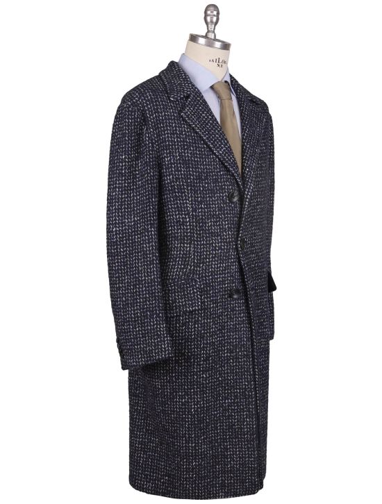 Kiton Kiton Gray Virgin Wool Cashmere Silk Overcoat Blue / White 001