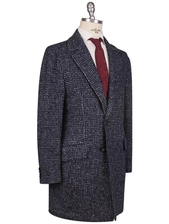 Kiton Kiton Gray Virgin Wool Cashmere Silk Overcoat Blue / White 001