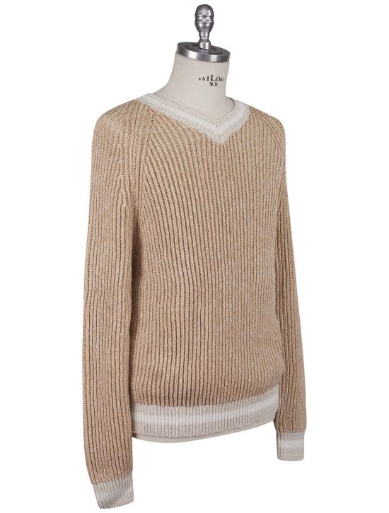 Kiton Kiton Beige Cotton Linen Sweater V-Neck Beige 001