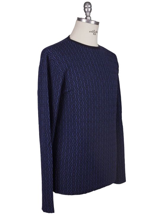 KNT Kiton Knt Blue Black Cashmere Cotton Sweater Crewneck Blue / Black 001