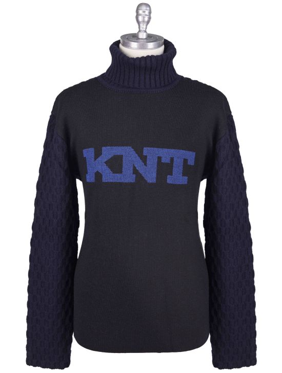 Kiton KNT Kiton Black Blue Wool Cashmere Wool Sweater Turtleneck Black / Blue 000