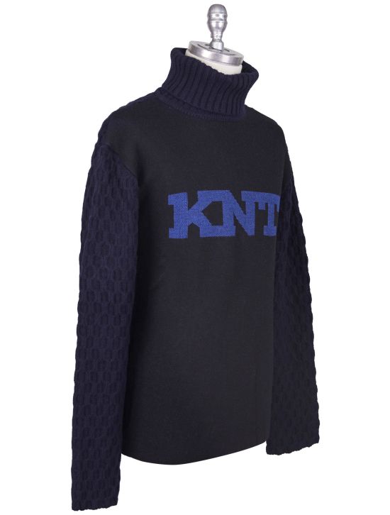 Kiton KNT Kiton Black Blue Wool Cashmere Wool Sweater Turtleneck Black / Blue 001