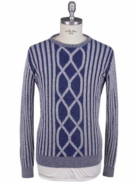 KNT Kiton Knt White Blue Virgin Wool Cashmere Sweater Crewneck White / Blue 000