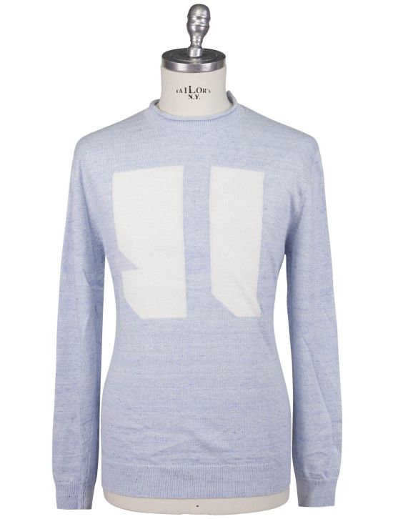 KNT Kiton Knt Light Blue White Linen Cotton Sweater Crewneck Light Blue / White 000