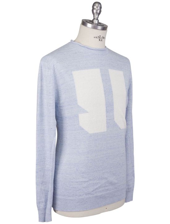 KNT Kiton Knt Light Blue White Linen Cotton Sweater Crewneck Light Blue / White 001