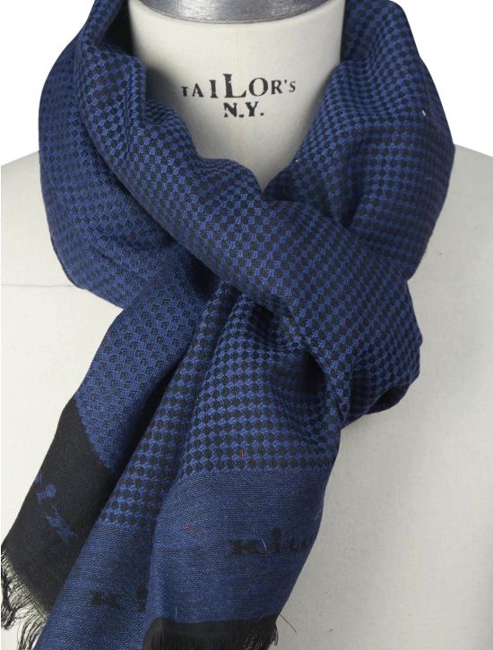 Kiton Kiton Blue Black Wool Silk Scarf Blue / Black 001