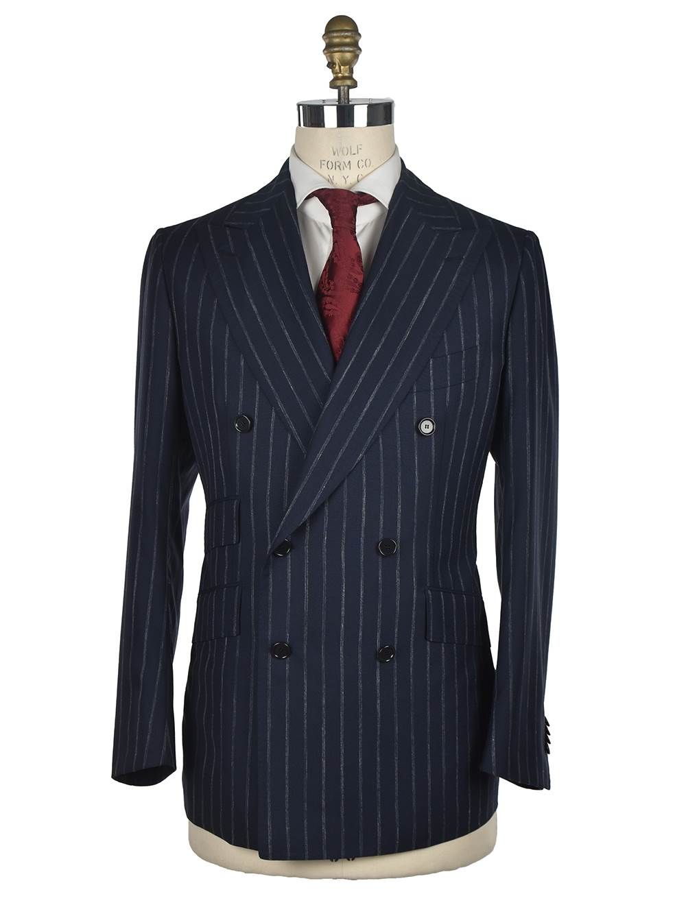 Cesare Attolini Blue White Wool Silk Linen Suit Double Breasted