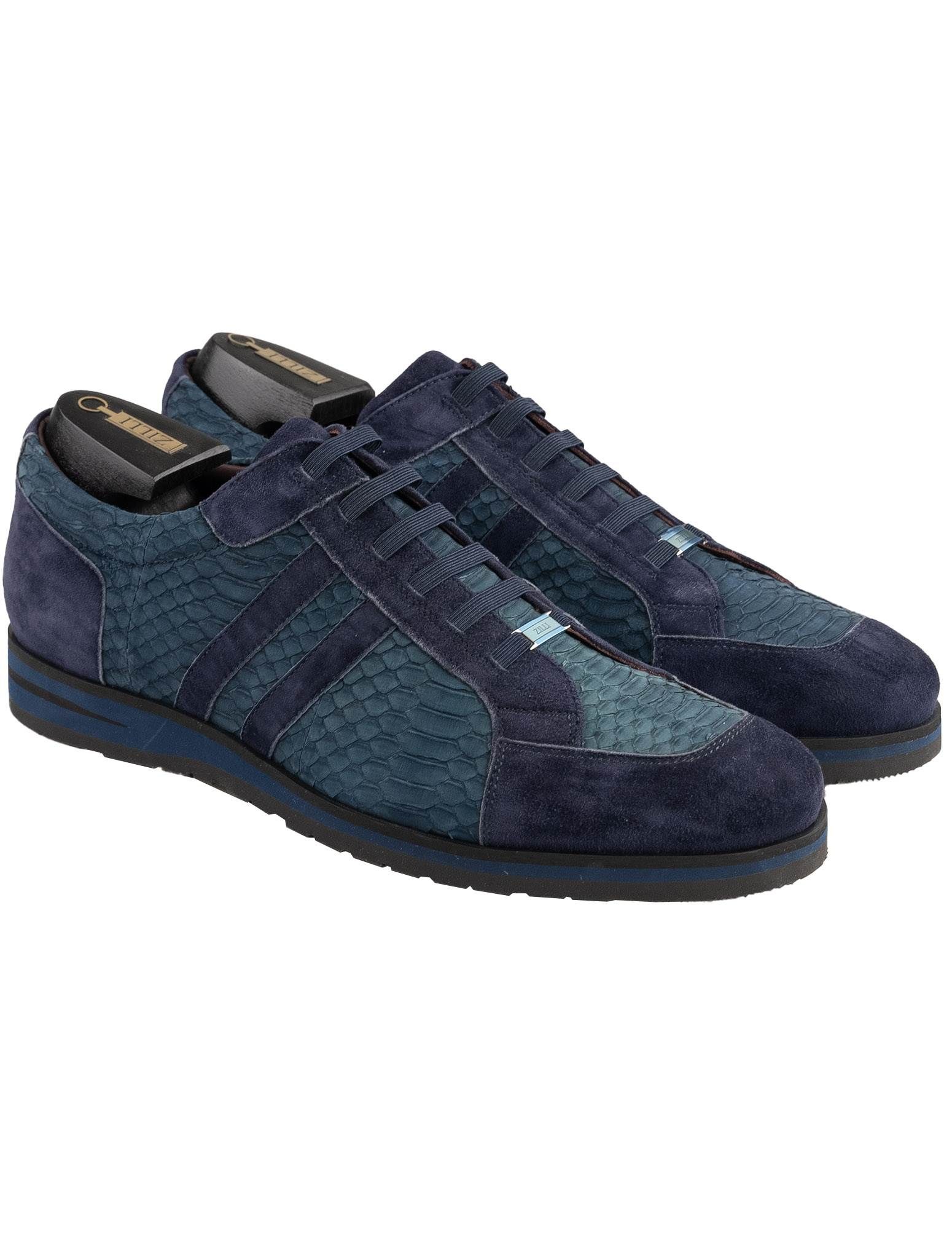 Zilli Blue Leather Snake Leather Suede Sneakers | IsuiT