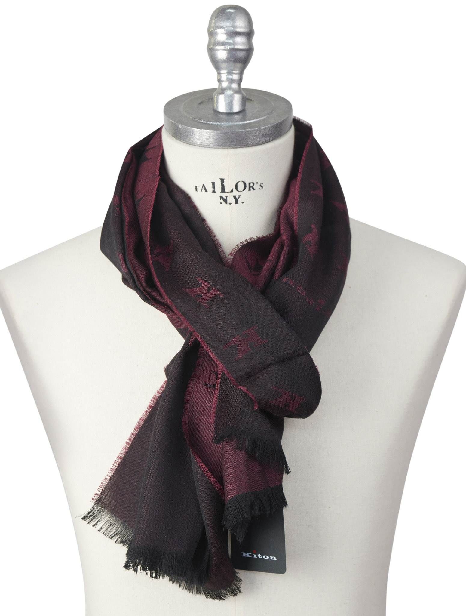 Kiton Burgundy Black Cashmere Silk Scarf