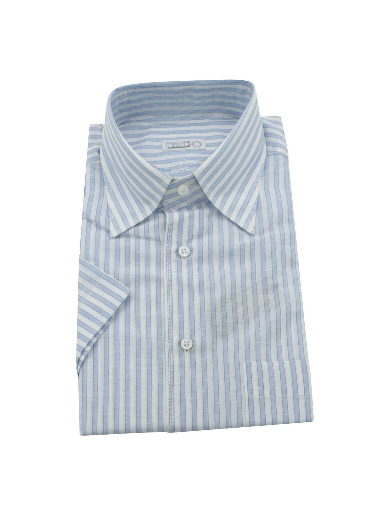 Zilli Blue White Linen Cotton Shirt Short Sleeve Mod Ben