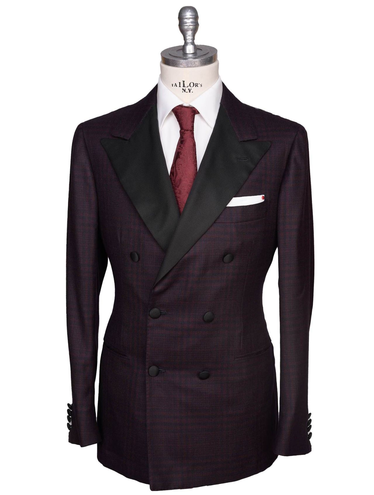 Kiton Burgundy Black Cashmere Double Breasted Smoking Blazer | IsuiT