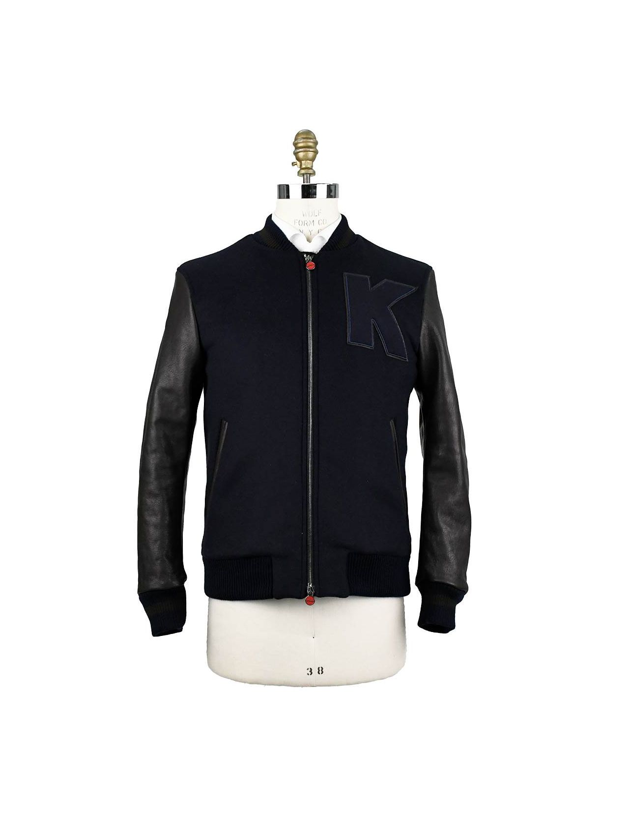 BLACK AND BLUE VIRGIN WOOL AND LEATHER VARSITY JACKET