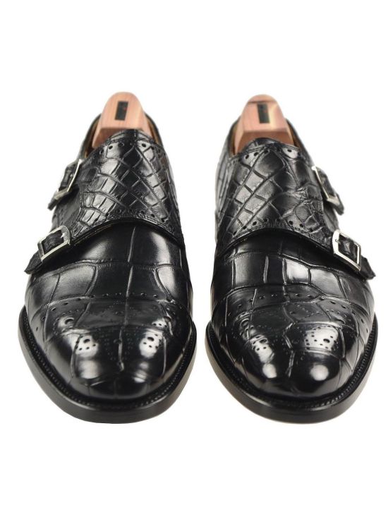 Kiton Kiton Black Leather Crocodile Dress Shoes Black 001