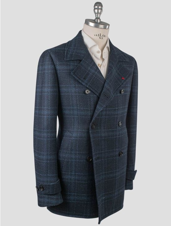 Isaia Isaia Blue Wool Silk Cashmere Double Breasted Overcoat Blue 001