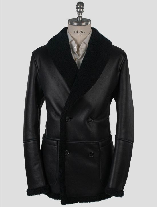 Isaia Isaia Black Leather Sheepskin Double Breasted Coat Black 000