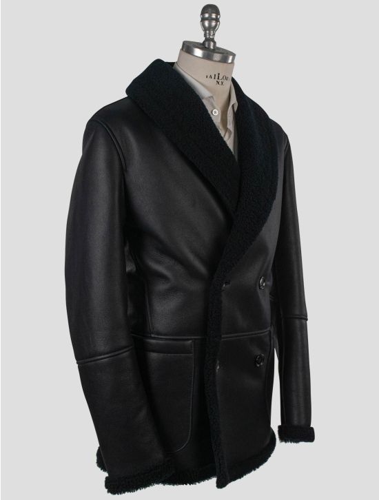 Isaia Isaia Black Leather Sheepskin Double Breasted Coat Black 001