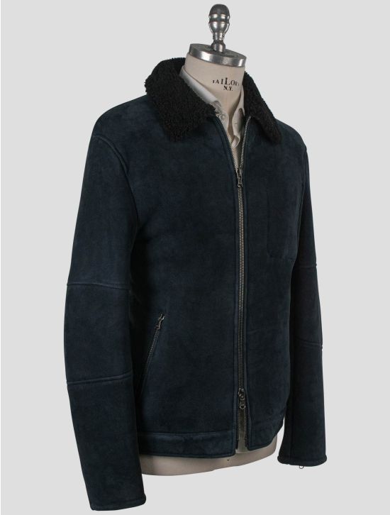 Isaia Isaia Blue Leather Sheepskin Coat Blue 001