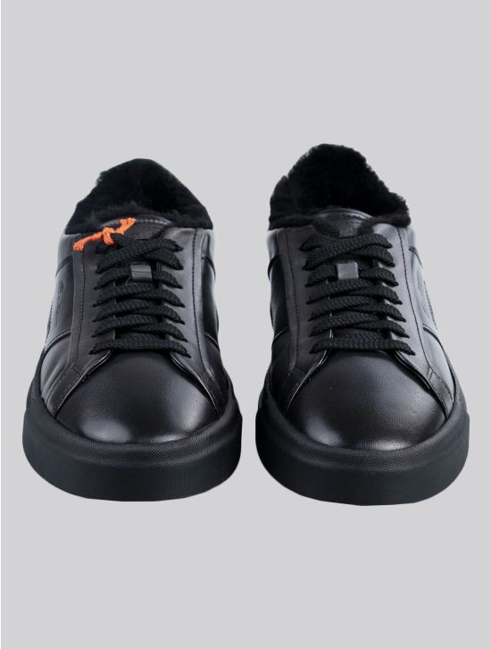Santoni Santoni Black Leather Sheepskin Fur Sneakers Black 001