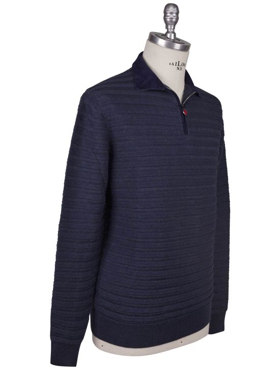 Kiton Kiton Blue Linen Cashmere Sweater Half Zip Blue 001