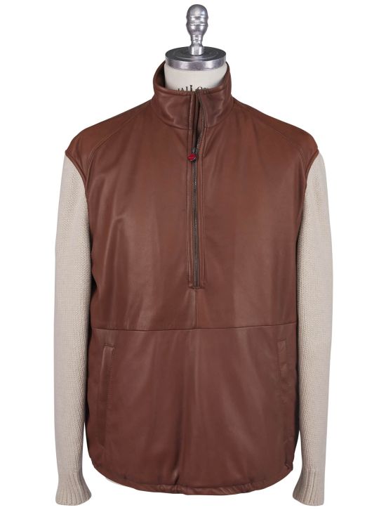 Kiton Kiton Brown White Leather Cashmere Coat Brown / White 000