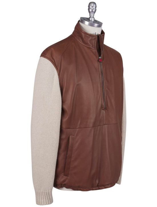 Kiton Kiton Brown White Leather Cashmere Coat Brown / White 001