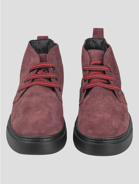 Isaia Isaia Brown Leather Suede Sneakers Shoes Burgundy 001