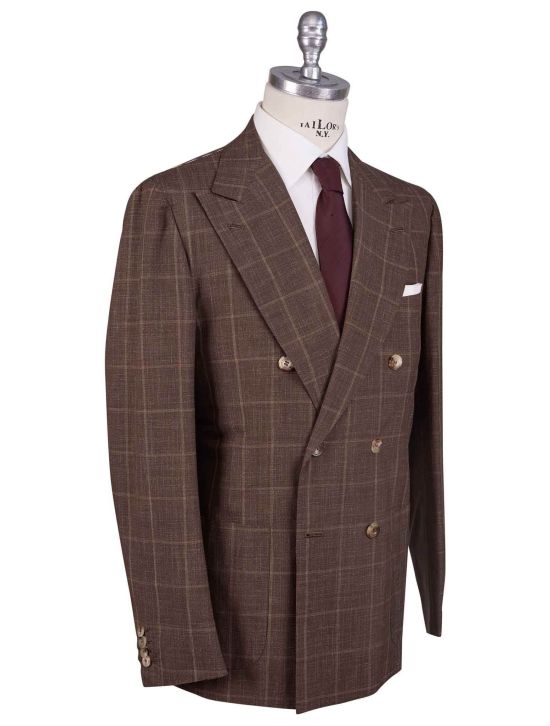 Kiton Kiton Brown Virgin Wool Silk Linen Double Breasted Suit Brown 001